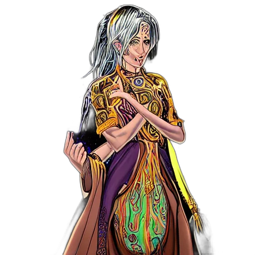 dress, staff, jewelry, fantasy art, concept art, pixel art, cartoon, earth tones transparent PNG cut-out