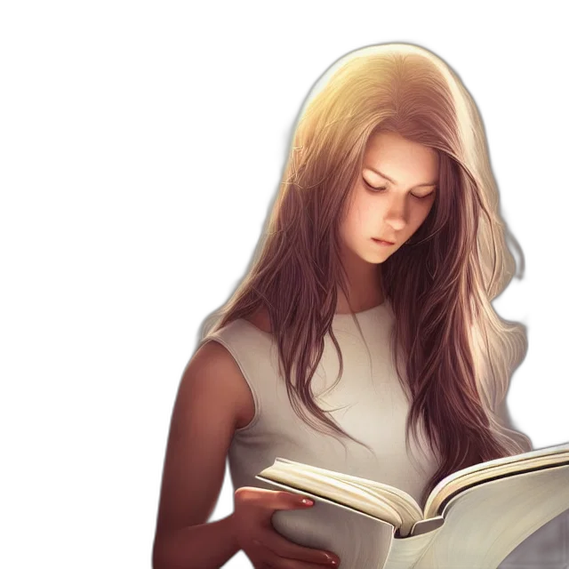 comic book art, concept art, fantasy art, photorealistic, girl, reading, book, her transparent PNG cut-out