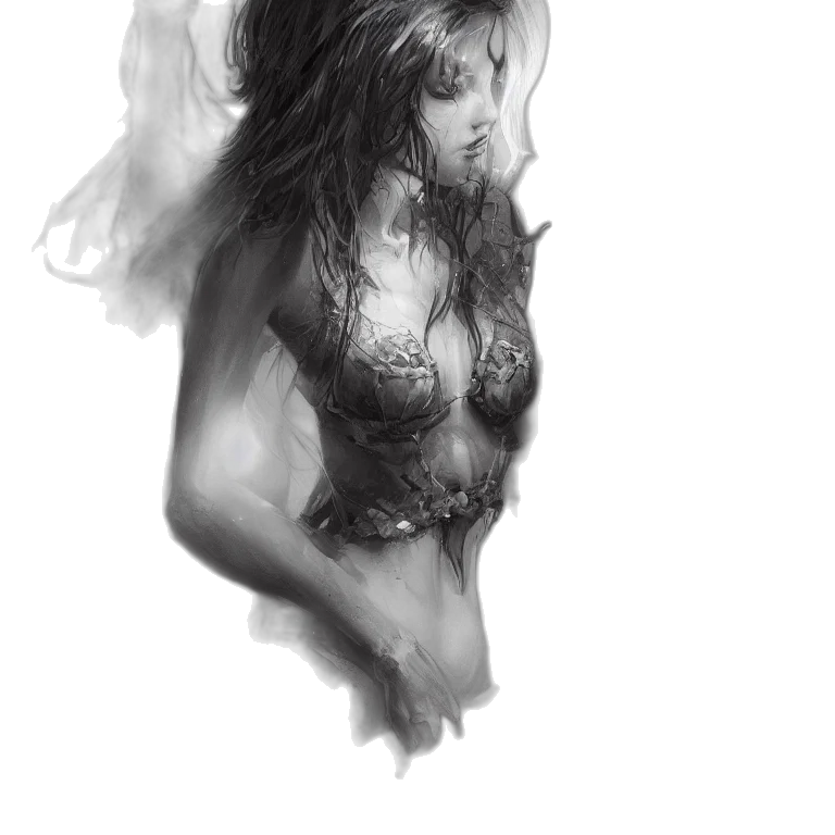 dress, photorealistic, fantasy art, pencil sketch, concept art, fog, underwater, monochrome transparent PNG cut-out