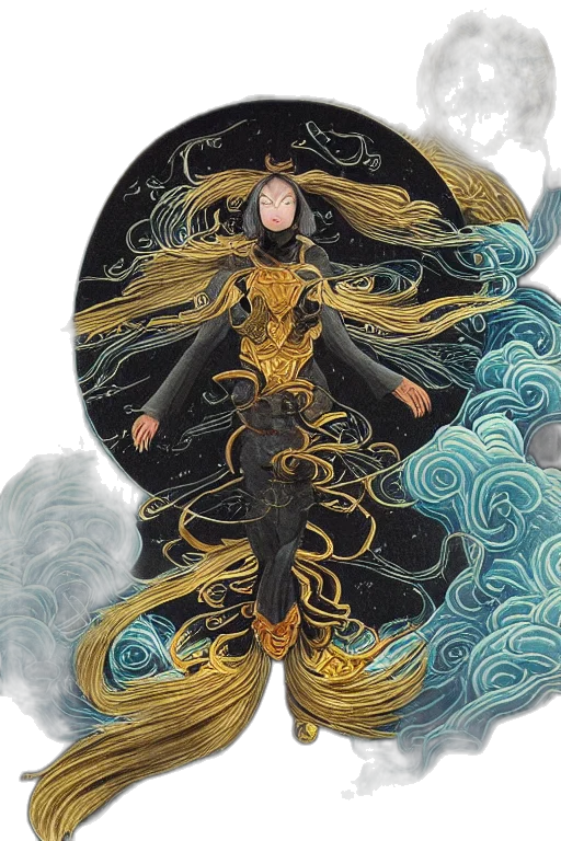 dress, fantasy art, concept art, comic book art, watercolor, underwater, outer space, golden transparent PNG cut-out