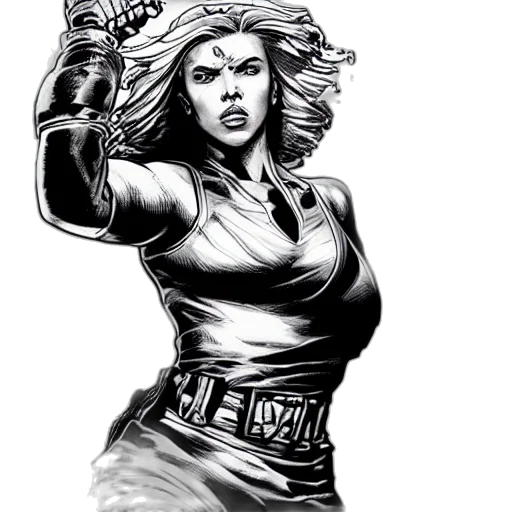 comic book art, concept art, fantasy art, cartoon, symmetrical, scarlett, johansson, punching transparent PNG cut-out