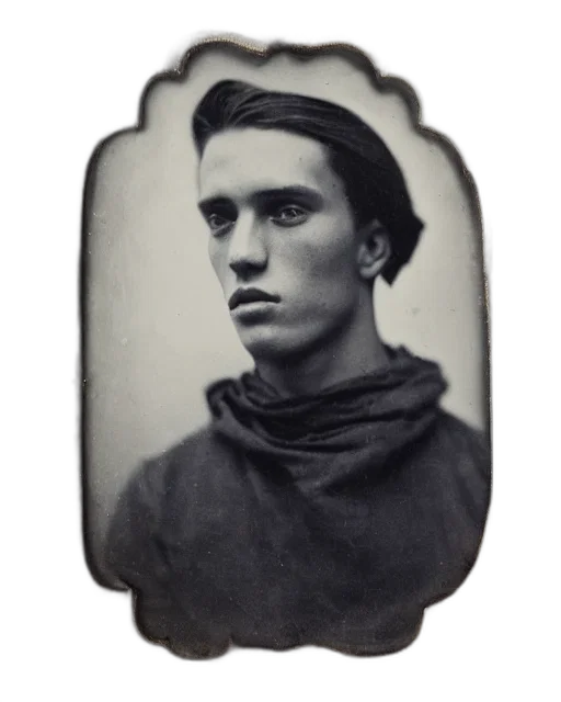 face, mask, jacket, staff, photorealistic, oil painting, tintype, photo transparent PNG cut-out
