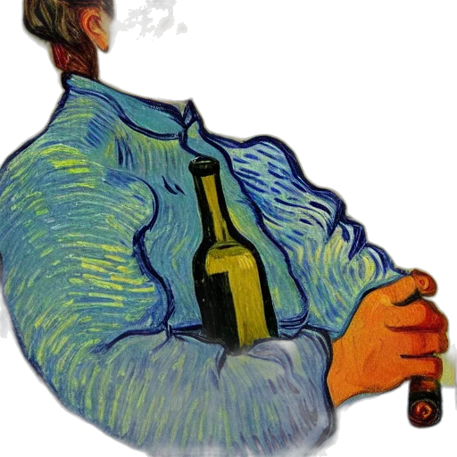 jacket, bottle, staff, face, oil painting, photorealistic, vaporwave, watercolor transparent PNG cut-out