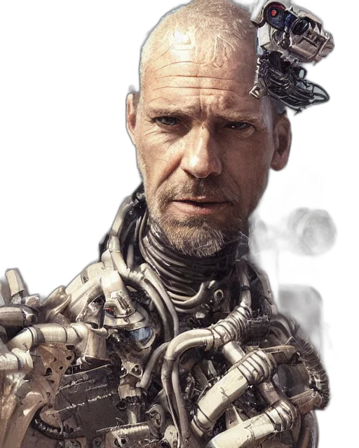 robot, face, weapon, jacket, cyberpunk, concept art, photorealistic, 3d render transparent PNG cut-out
