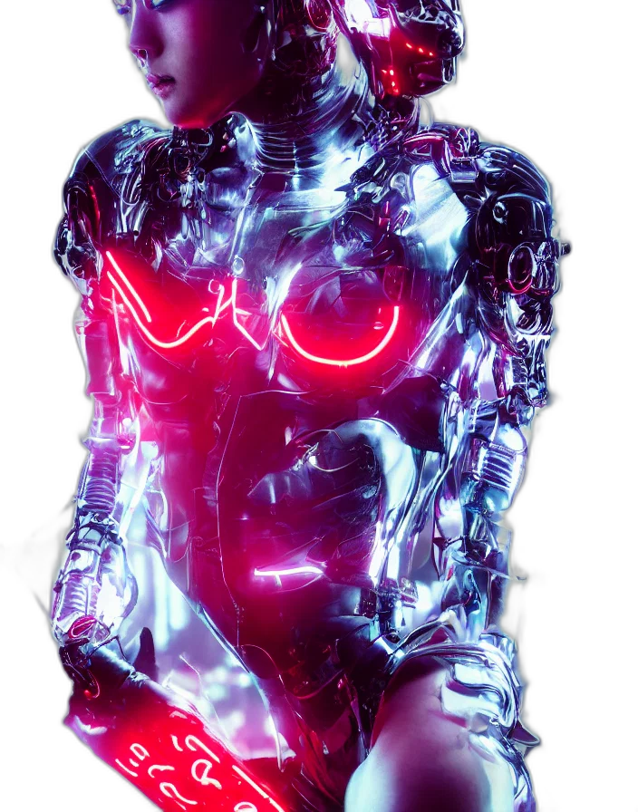 robot, jacket, creature, dress, cyberpunk, 3d render, concept art, vaporwave transparent PNG cut-out