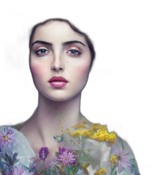 face, dress, flower, photorealistic, oil painting, fantasy art, concept art, pastel transparent PNG cut-out