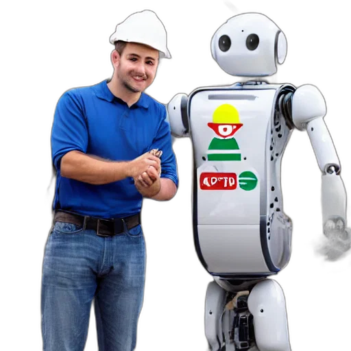 robot, staff, 3d render, concept art, man, dressed, construction, clothes transparent PNG cut-out
