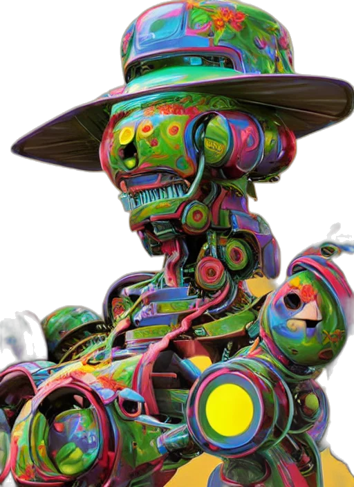 robot, mask, hat, staff, concept art, 3d render, cyberpunk, fantasy art transparent PNG cut-out