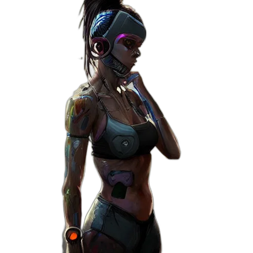 robot, dress, weapon, mask, cyberpunk, concept art, fantasy art, comic book art transparent PNG cut-out
