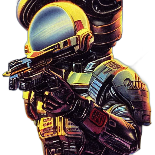 robot, weapon, jacket, cyberpunk, concept art, pixel art, comic book art, outer space transparent PNG cut-out