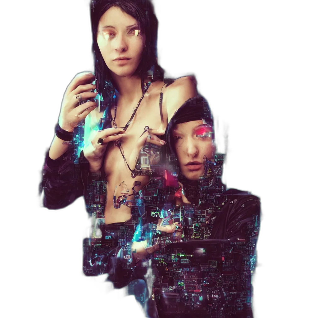 jewelry, robot, jacket, dress, cyberpunk, vaporwave, concept art, photorealistic transparent PNG cut-out