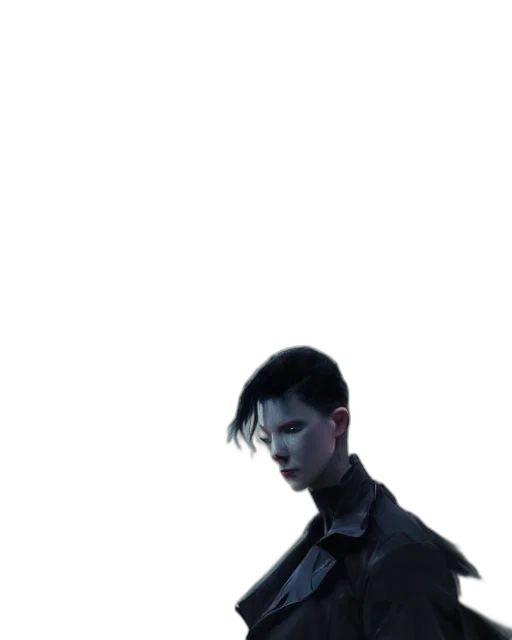 jacket, staff, face, robot, cyberpunk, 3d render, concept art, photorealistic transparent PNG cut-out