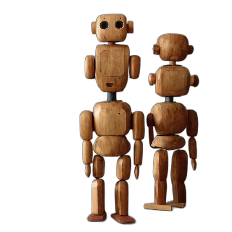 robot, 3d render, concept art, pixel art, realistic, wooden, sculpture, art transparent PNG cut-out