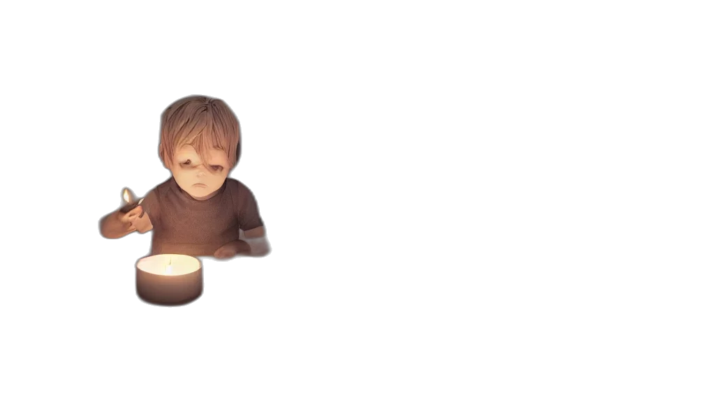 3d render, concept art, pixel art, anime, fire, child, empty, room transparent PNG cut-out