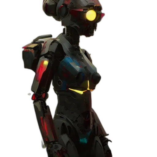 robot, weapon, concept art, cyberpunk, 3d render, pixel art, red, dark transparent PNG cut-out