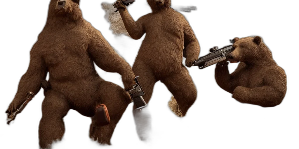 concept art, 3d render, brown, bear, statue, tommy, gun, his transparent PNG cut-out