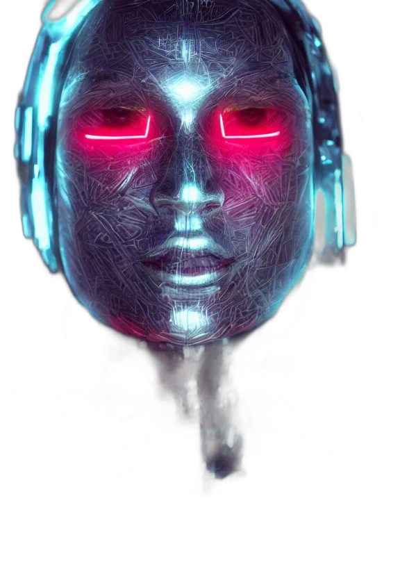 mask, robot, face, jacket, cyberpunk, concept art, vaporwave, 3d render transparent PNG cut-out