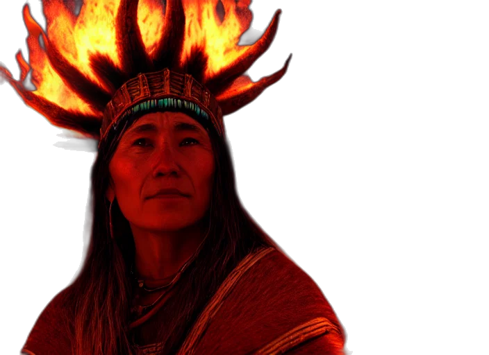 hat, crown, mask, photorealistic, fire, shaman, behind, bonfire transparent PNG cut-out