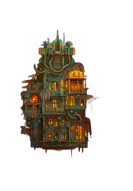 building, concept art, fantasy art, pixel art, 3d render, single, flying, above transparent PNG cut-out