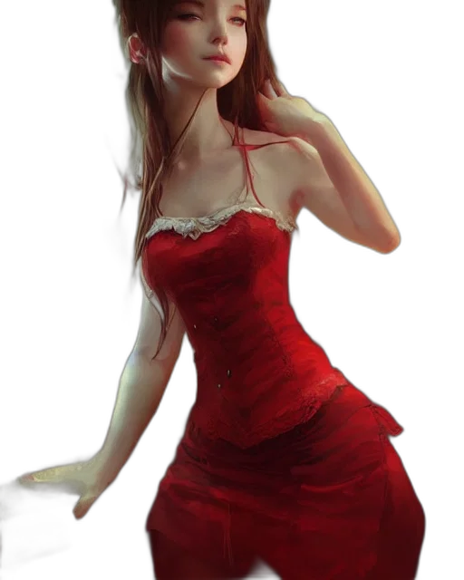 dress, photorealistic, fantasy art, concept art, 3d render, red, aerith, gainsborough transparent PNG cut-out