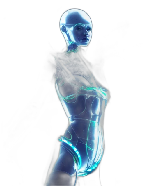 robot, dress, staff, jewelry, cyberpunk, concept art, 3d render, vaporwave transparent PNG cut-out