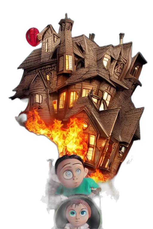 concept art, 3d render, comic book art, fantasy art, fire, city street, monster, house transparent PNG cut-out