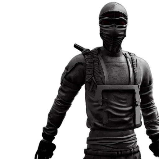 jacket, weapon, mask, concept art, 3d render, rendering, marble, chrome transparent PNG cut-out