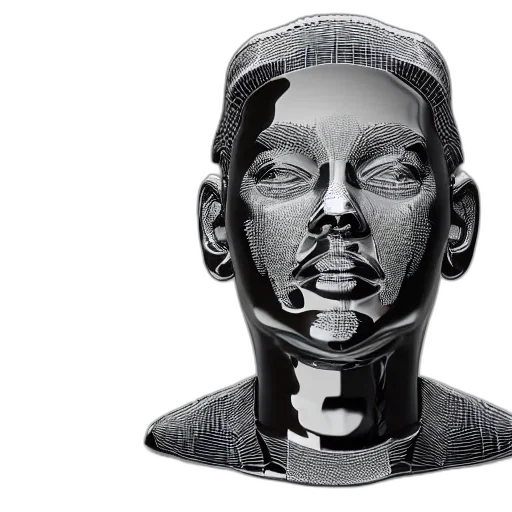 mask, face, robot, 3d render, print, statue, chrome, reflect transparent PNG cut-out