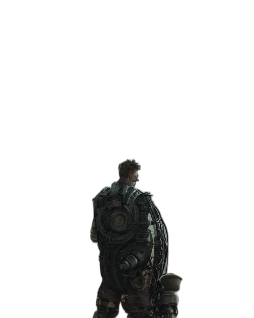robot, jacket, weapon, staff, concept art, 3d render, fantasy art, pixel art transparent PNG cut-out