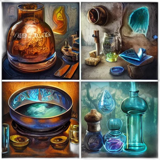 bottle, jewelry, concept art, fantasy art, oil painting, comic book art, outer space, underwater transparent PNG cut-out