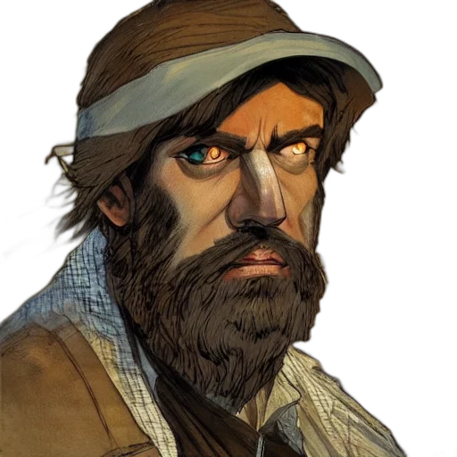 face, hat, staff, comic book art, concept art, photorealistic, fantasy art, earth tones transparent PNG cut-out