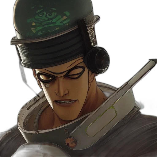 hat, staff, weapon, face, concept art, anime, comic book art, cyberpunk transparent PNG cut-out