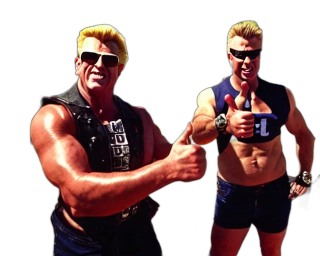 3d render, concept art, duke, nukem, both, wearing, tank, top transparent PNG cut-out