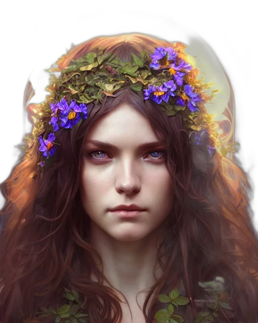 face, crown, fantasy art, photorealistic, concept art, oil painting, forest, colorful transparent PNG cut-out