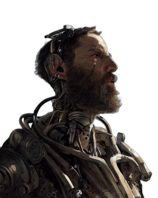 robot, face, cyberpunk, concept art, 3d render, photorealistic, bearded, rugged transparent PNG cut-out
