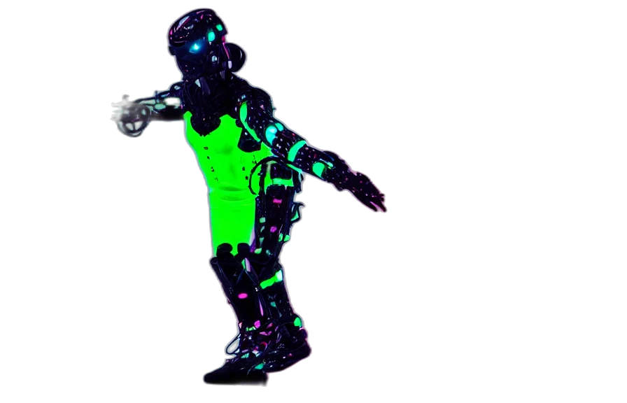 robot, jacket, staff, 3d render, cyberpunk, vaporwave, concept art, neon lights transparent PNG cut-out