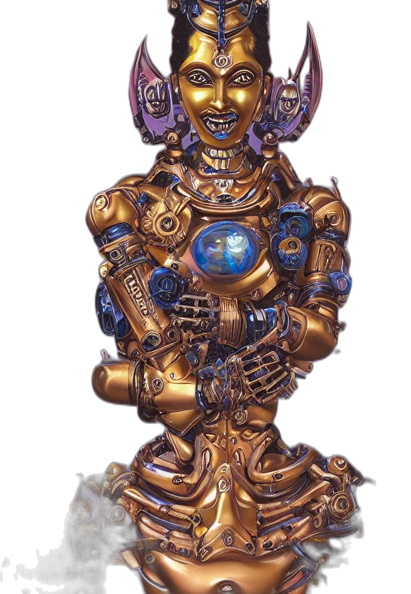 robot, jewelry, crown, staff, 3d render, concept art, fantasy art, photorealistic transparent PNG cut-out