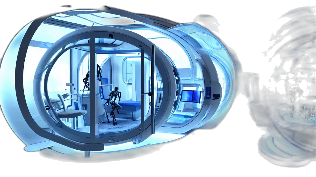 robot, 3d render, concept art, cyberpunk, futuristic, enclosed, medical, pod transparent PNG cut-out