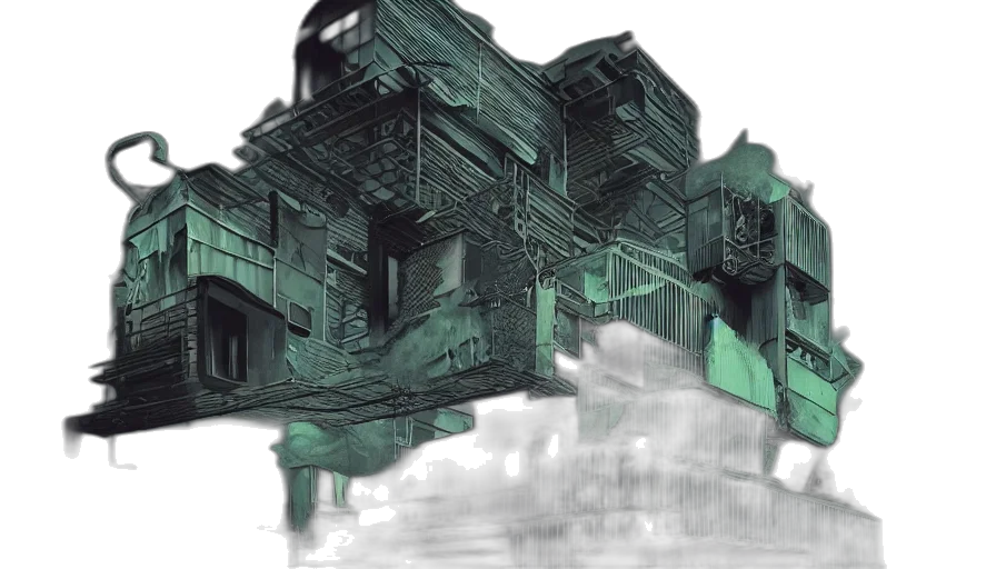 building, concept art, 3d render, cyberpunk, photorealistic, city street, fog, rain transparent PNG cut-out
