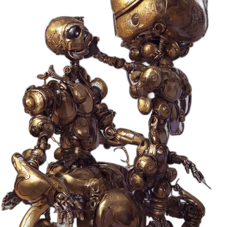 robot, weapon, staff, concept art, fantasy art, 3d render, comic book art, golden transparent PNG cut-out