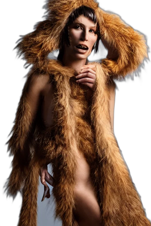 jacket, animal, creature, hair, photorealistic, earth tones, golden, neanderthal transparent PNG cut-out