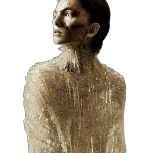 face, mask, dress, jacket, 3d render, photorealistic, concept art, golden transparent PNG cut-out