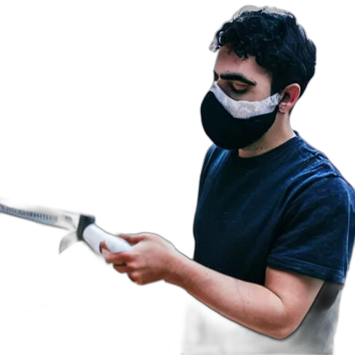 mask, staff, weapon, person, cutting, vegetables, while, wearing transparent PNG cut-out