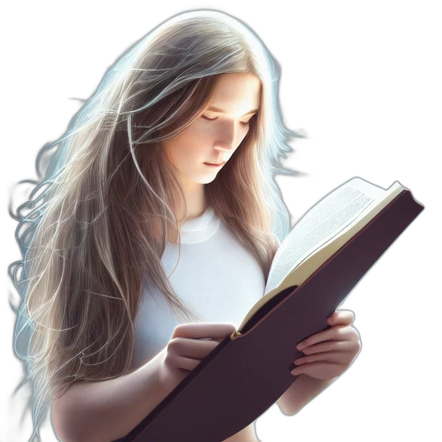 photorealistic, fantasy art, oil painting, watercolor, girl, reading, book, her transparent PNG cut-out