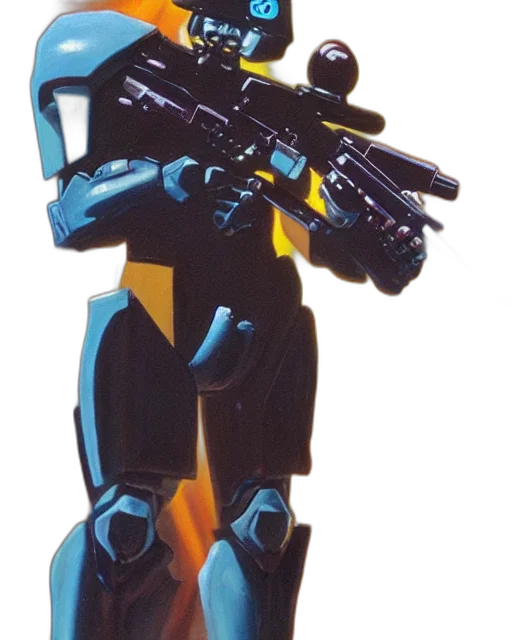 robot, weapon, staff, concept art, 3d render, vaporwave, blue, box transparent PNG cut-out