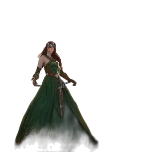 dress, sword, fantasy art, concept art, 3d render, comic book art, fog, green transparent PNG cut-out