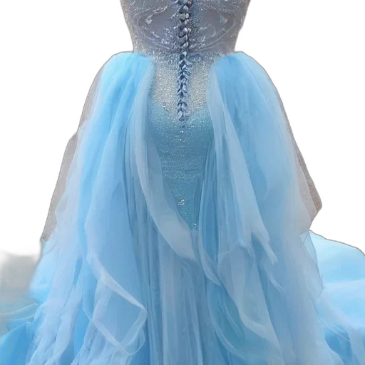 dress, crown, jewelry, 3d render, concept art, photorealistic, blue, full transparent PNG cut-out