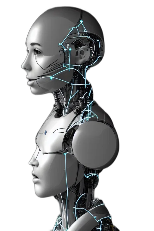 robot, cyberpunk, 3d render, concept art, human, face, female, head transparent PNG cut-out