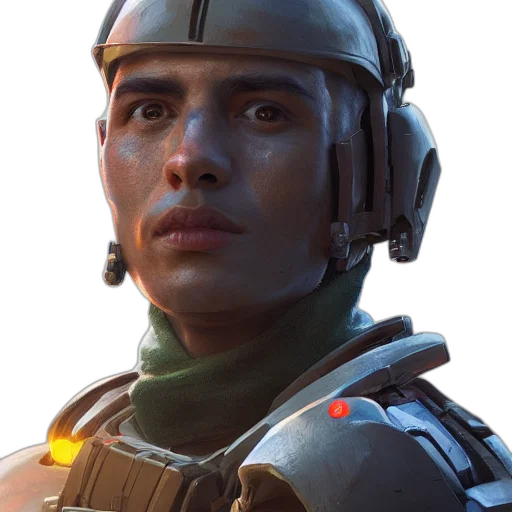 face, robot, staff, jacket, concept art, cyberpunk, photorealistic, 3d render transparent PNG cut-out