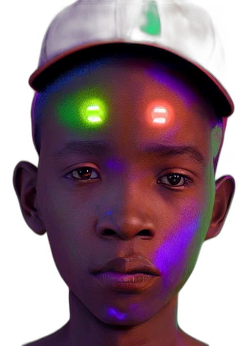 face, robot, hat, creature, cyberpunk, vaporwave, 3d render, photorealistic transparent PNG cut-out